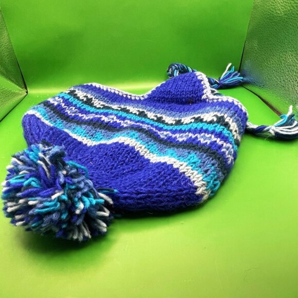 Gypsy Rose Handmade Knit Beanie Hat Chullo Fleece Lined Pom Braids Peruvian Boho - Picture 2 of 12